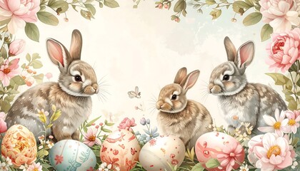 Three Rabbits with Easter Eggs Floral.