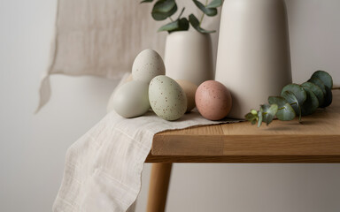 Happy easter sunday decor with easter eggs and vases on wooden table