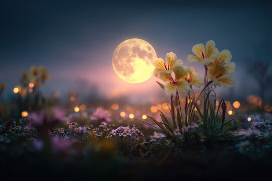 Macro view of night with saffron, chamomile flowers and lemon balm, chamomile herbs, blurred meadow background