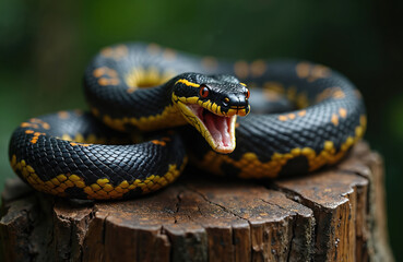 Black and yellow banded snake opens mouth on wood stump. Red eyes stare, showing fangs, ready to strike. Reptile shows aggressive wild nature, dangerous predator in natural habitat.