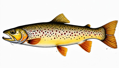 Fototapeta premium Brown trout illustration, isolated on white background. Spotted fish with open mouth and orange fins. Watercolor style art for fishing or food concepts.