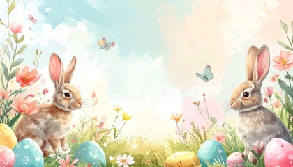 Easter Bunnies Surrounded by Eggs and Flowers.