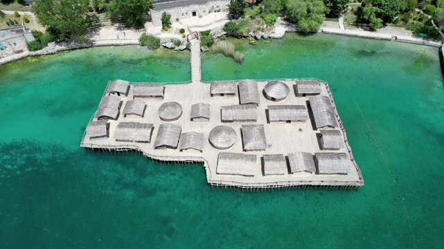Aerial view of the Bay of the Bones an ancient fisherman village at Lake Ohrid, Republic of Macedonia
