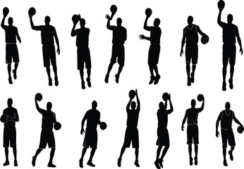 Basketball player silhouette, dynamic poses, dribbling, shooting, passing, sports motion, athletic movement, black figure, action, isolated, vector illustration © Samiul