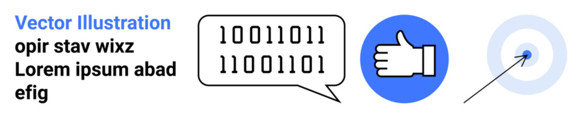 Obraz premium Digital communication, data analysis, online interaction, precision targeting, binary systems, technology. Binary code in speech bubble, thumbs-up icon arrow in target. Digital communication