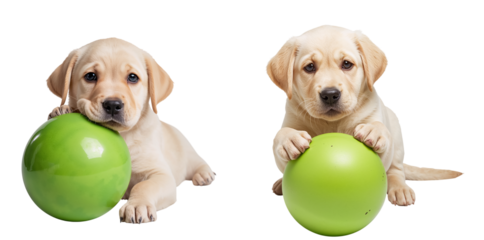 A cute playful Labrador puppy in different poses with a ball isolated on a transparent background