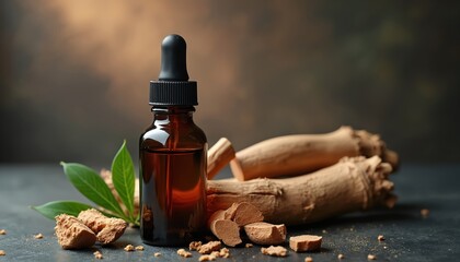 Amber liquid in dropper bottle with sandalwood pieces and leaves. This is used for spa, aromatherapy, and wellness rituals, promoting calm and peace. Its natural aroma enhances moods.