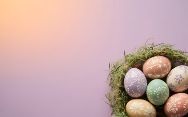 Happy easter sunday eggs in a mossy nest on a pastel background