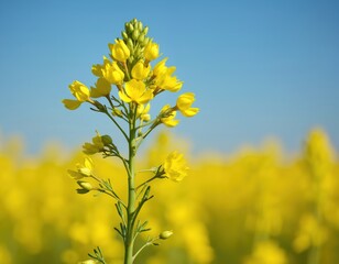 Obraz premium Single stalk of yellow canola flower blooms against blurred field of rapeseed plants. Clear blue sky provides a backdrop. Spring agriculture scene outdoors. Farming crop for oil production.