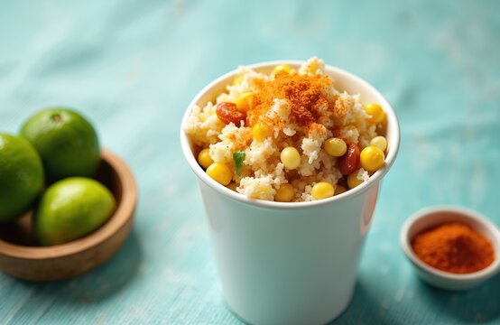 Mexican esquites corn salad served in paper cup with chili powder and lime slices on side. Savory street food dish prepared with maize, cheese, and spices. Tasty snack for lunch or party.