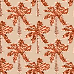 Brown tropical palm tree seamless pattern. Hand drawn coconut print. Vector summer vacation beach repeat background. Safari jungle textile design, botanical wallpaper, wrap paper.