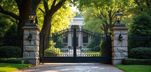 Ornate wrought iron gate with stone pillars, lamps guards entrance to grand residence. Green lawn, trees surround upscale property, conveying privacy, security. Driveway leads to elegant estate,