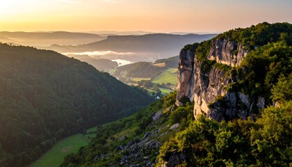 Naklejka premium Mountain Landscape with Cliff and Fog at Sunrise.