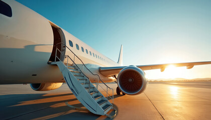 White passenger jet sits on tarmac, boarding stairs attached to open door. Clear blue sky, bright sun shines on runway. Aircraft awaits passengers for flight.