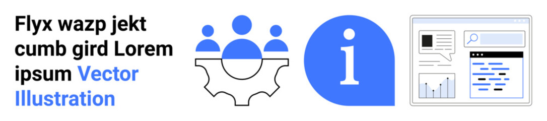 Teamwork, business processes, data management, information sharing, digital tools, workflow optimization. Gear with figures, info icon and data-filled interface. Teamwork and business processes © robu_s