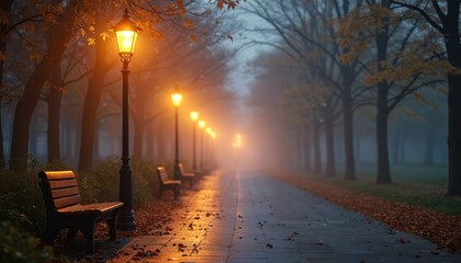 Park pathway lined with glowing lamps on foggy autumn morning. Empty benches await visitors on leaf covered ground. Trees form dark silhouettes against soft dawn sky.