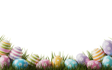 Happy easter sunday greeting with colorful easter eggs in grass celebrating springtime and new life