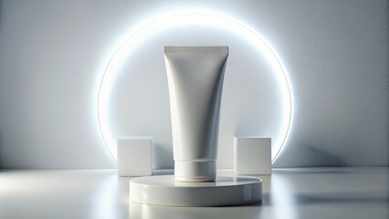 White mockup skincare tube matte finish, empty branding zone, minimal professional lighting setup.