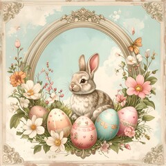 Easter Bunny with Eggs and Flowers.