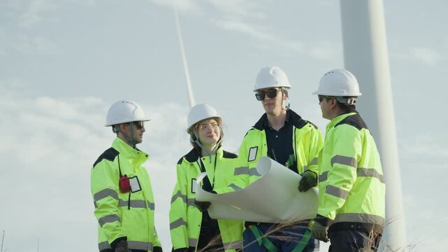 Group of professional engineers in safety gear reviewing a project blueprint together at a renewable energy wind farm site together