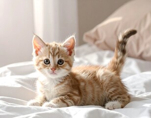 Adorable Orange Kitten Lying on White Bed.