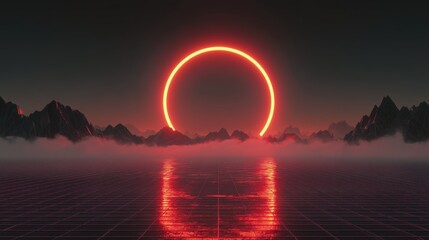 Futuristic red neon ring sun rising over digital wireframe landscape with mountains.

