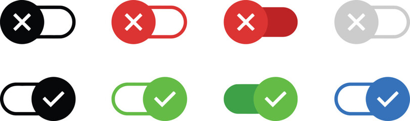 Obraz premium Toggle switch icons with cross and checkmark in multiple colors