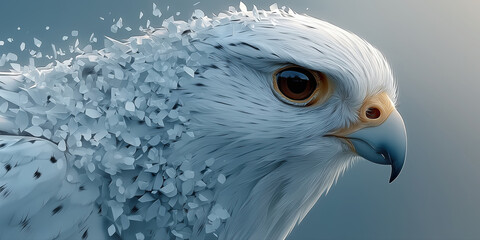 Abstract white bird made of geometric particles dissolving into digital fragments.

