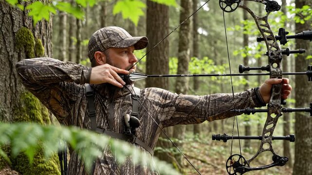 Bow Hunter Aiming Bow and Arrow in Forest