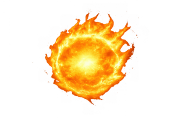 Fiery exploding burst of golden orange flame, radiating heat and energy, symbolizing power, danger, and destruction on transparent background