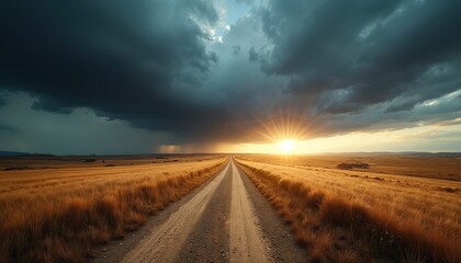 Dirt road stretches through golden fields towards bright sun. Storm clouds gather on one side, bringing rain. Sense of journey, unknown fills this rural landscape. Sun rays pierce dark clouds above.