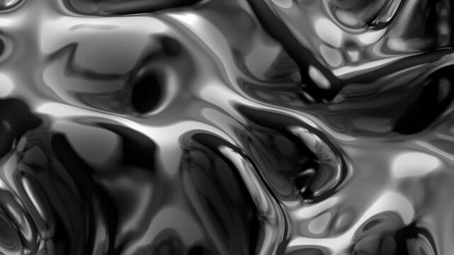 Abstract black and white liquid metal surface with smooth flowing shapes and reflective chrome texture, creating a modern and with organic motion. Seamless looping animation.