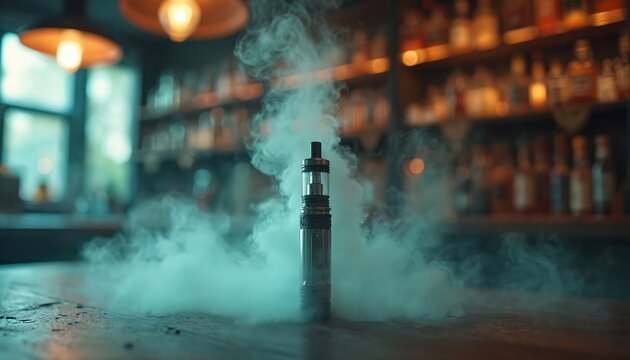Vape device stands on wooden table, surrounded by swirling clouds of vapor. Behind, shelves stocked with bottles create moody atmosphere. Image suggests vape shop lounge setting, perfect for product