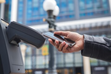 Payment power growth concept A person making a mobile payment at a city payment terminal.
