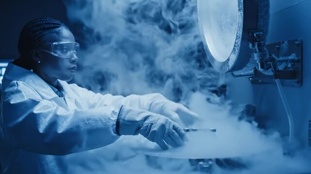 Female Scientist Placing Vials Into Liquid Nitrogen Freezer