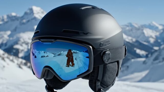 Close Up of Ski Helmet With Mountain Reflection in Goggles
