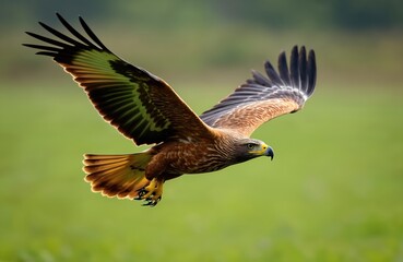 Obraz premium Large brown eagle bird of prey flies over green grassy field. It has yellow beak and talons spread, soaring with powerful wings outstretched against blurred background.