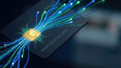 Futuristic Banking Card with Glowing Microchip and Dynamic Data Streams in Vibrant Light Patterns