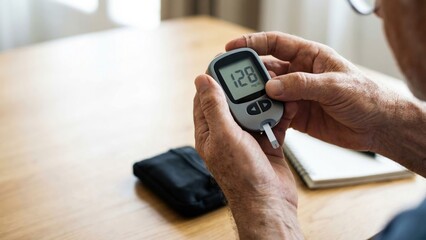 Patient using a digital glucose meter to check blood sugar levels with clear display reading for diabetes management