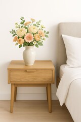 Elegant Floral Arrangement in a Vase on a Minimalist Bedside Table in a Cozy Bedroom Setting