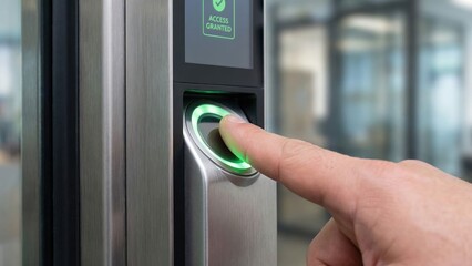 Biometric Fingerprint Scanner on Metallic Surface with Green Light Indicating Access Granted for Security Control