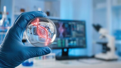 Hand Holding Transparent Sphere Displaying Red DNA Helix in a Medical Laboratory Setting Designed for Research