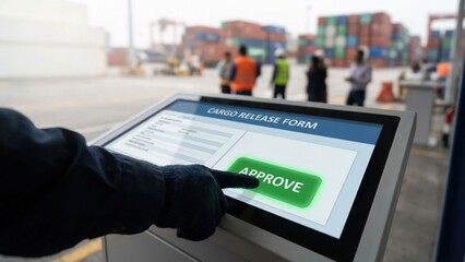 User Approves Cargo Release on Touchscreen Kiosk at an Automated Customs Clearance Station