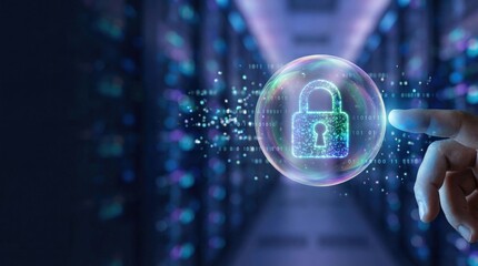 Transparent Security Bubble Concept with Lock Icon in Digital Environment Surrounded by Particles and Data