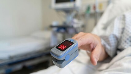 Finger with Digital Pulse Oximeter Displaying Oxygen Saturation Level in Medical Setting