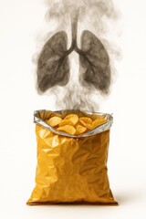 Unhealthy Snack Depiction with Smoky Lungs Imagery Emerging from a Bag of Chips