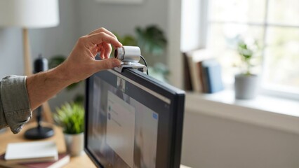 Hand Adjusting a Webcam Lens on Top of a Monitor in a Blurred Home Office Setup with Decorative Plants