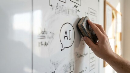 Hand Erasing Whiteboard, Leaving Only AI Chat Bubble Outline and Simplifying Technology Ideas