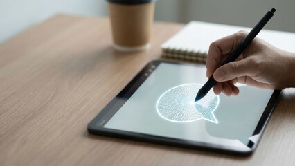 Hand Using Stylus on Digital Tablet for Creative Drawing of Circuit Board Pattern in Speech Bubble