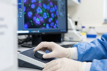 Hands Adjusting Focus Knob of High-Tech Digital Microscope with Enlarged Cell Structure on Monitor Display